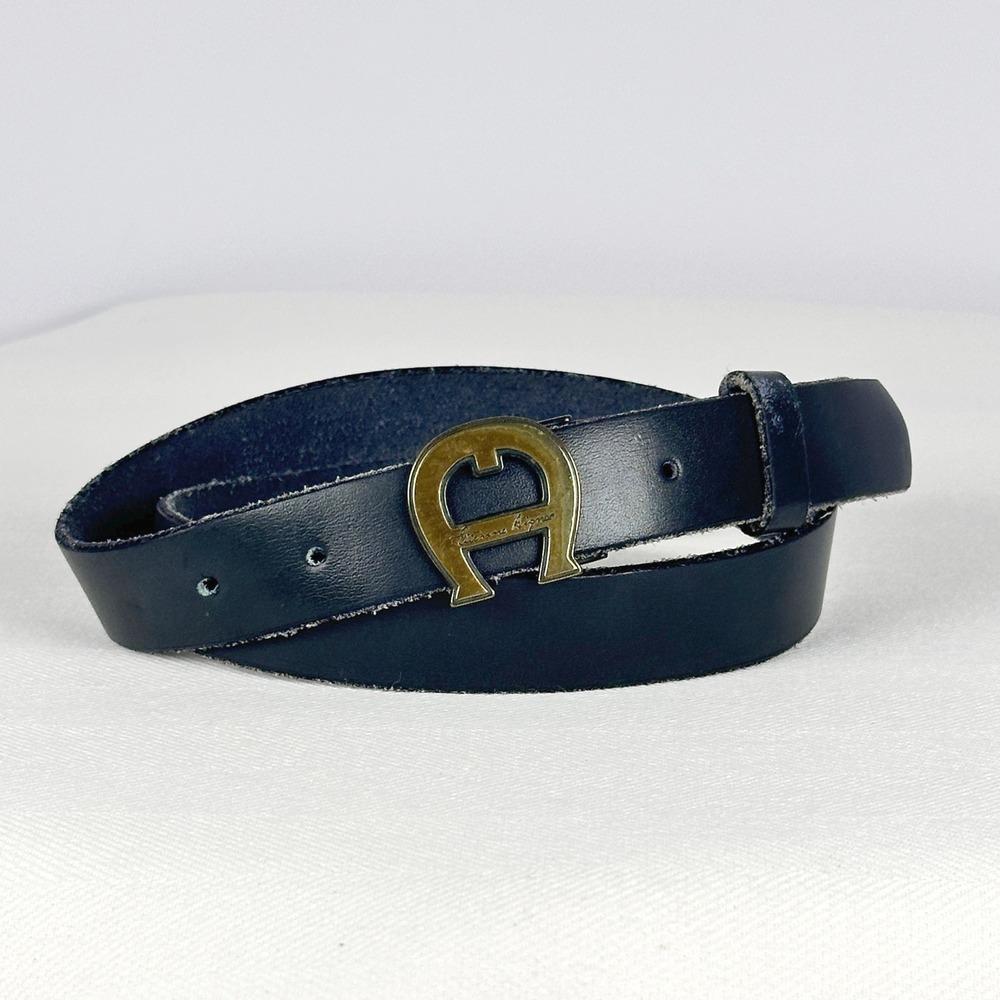 Etienne Aigner Navy Blue Leather Belt Classic Vintage Brass Horseshoe Logo 24